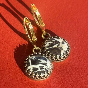 Minimalist Dalmatian Jasper Dangle Earrings | Black and White Gemstone Earrings